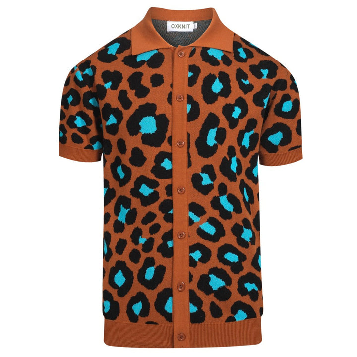 Men's orange leopard print vintage knit cardigan