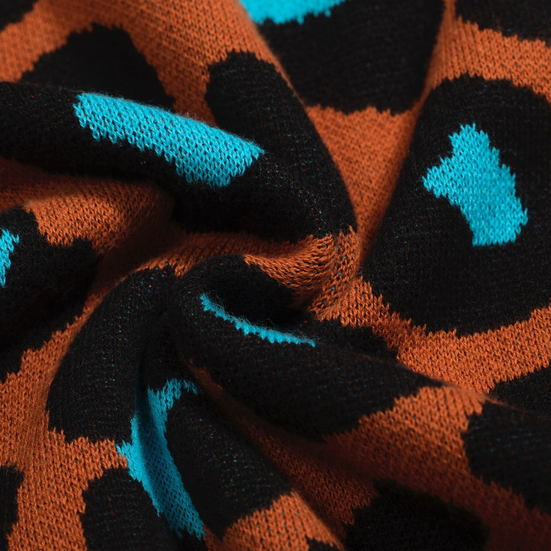 Men's orange leopard print vintage knit cardigan