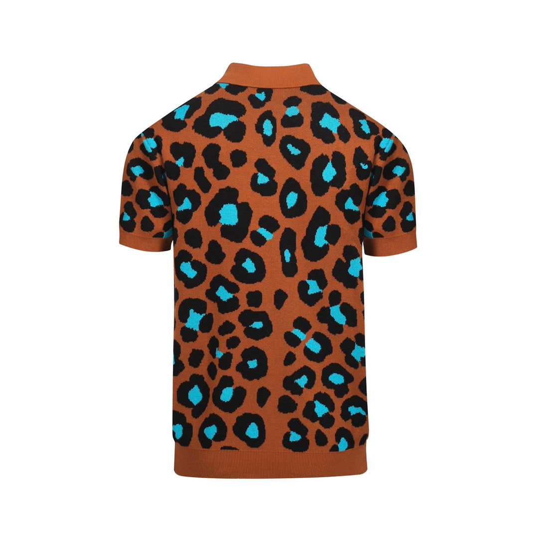 Men's orange leopard print vintage knit cardigan