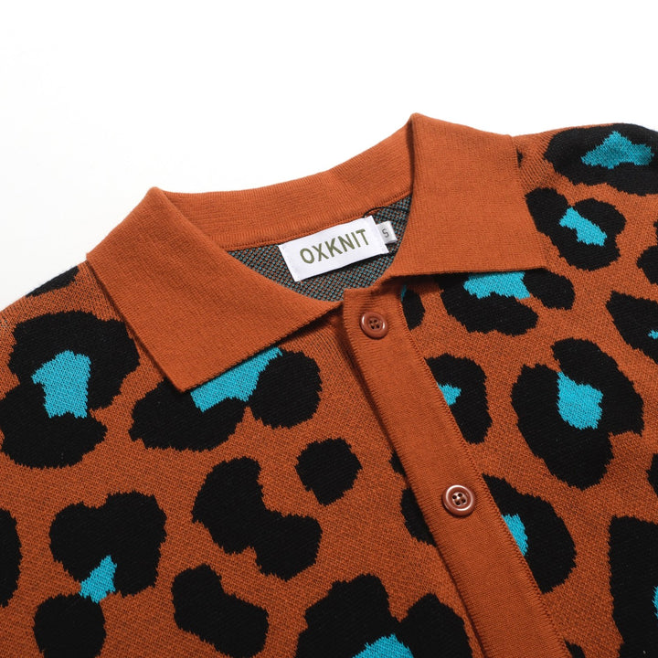Men's orange leopard print vintage knit cardigan