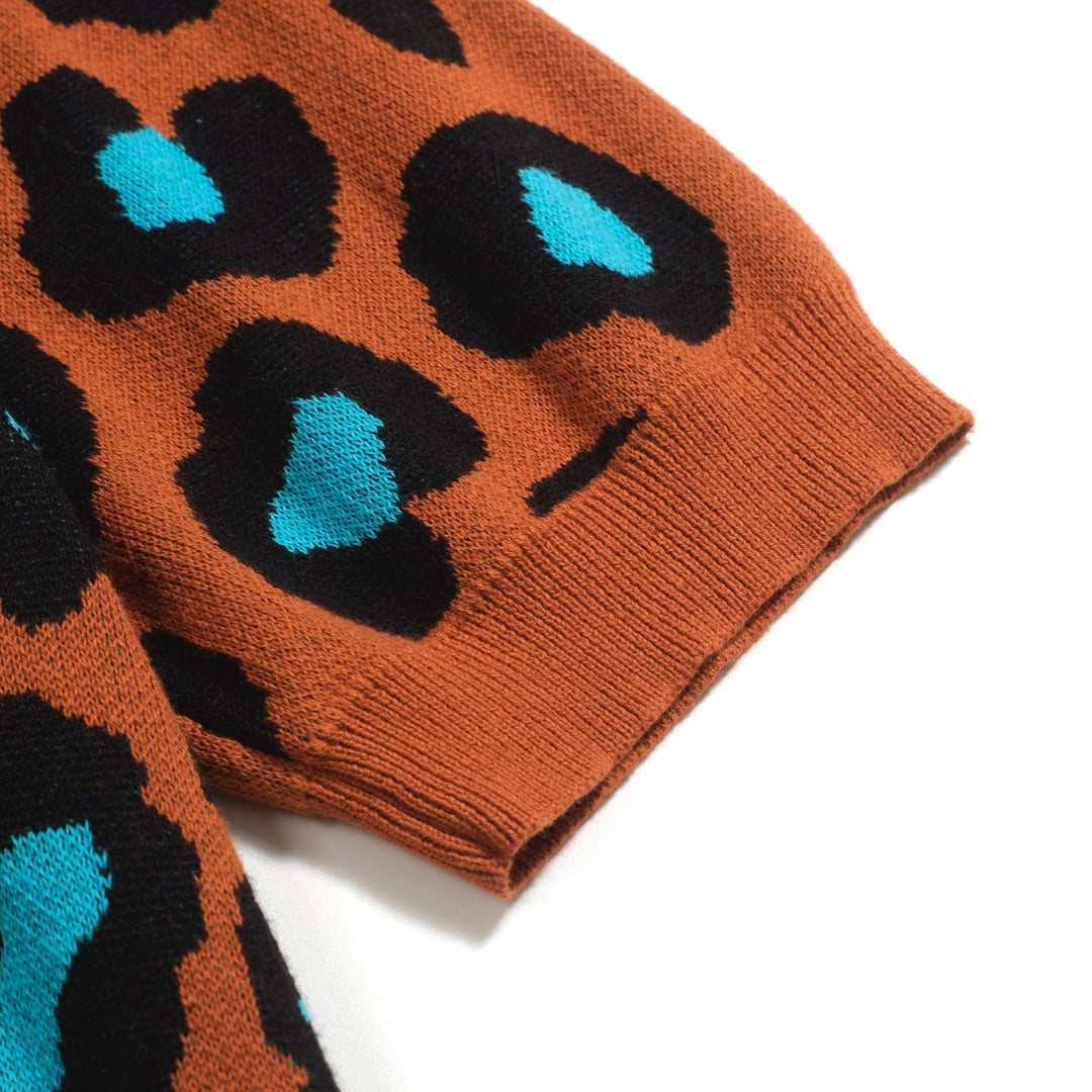Men's orange leopard print vintage knit cardigan