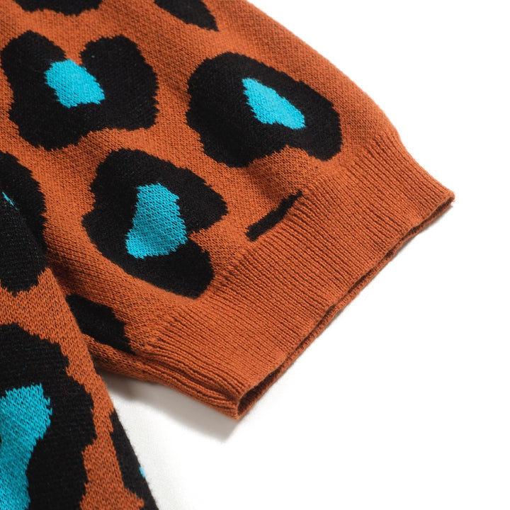 Men's orange leopard print vintage knit cardigan
