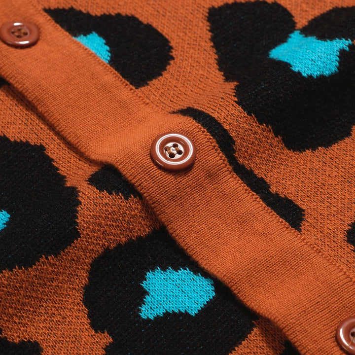 Men's orange leopard print vintage knit cardigan
