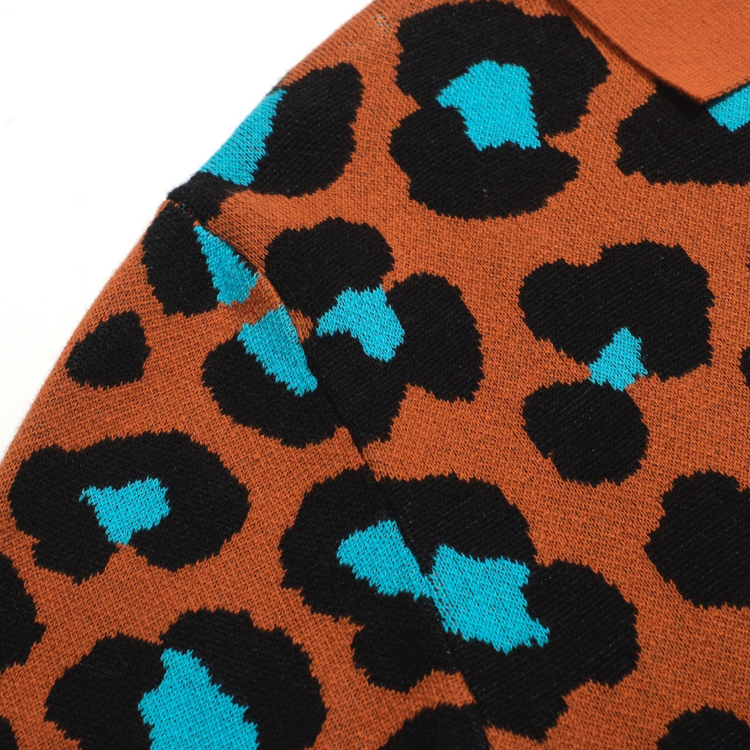 Men's orange leopard print vintage knit cardigan