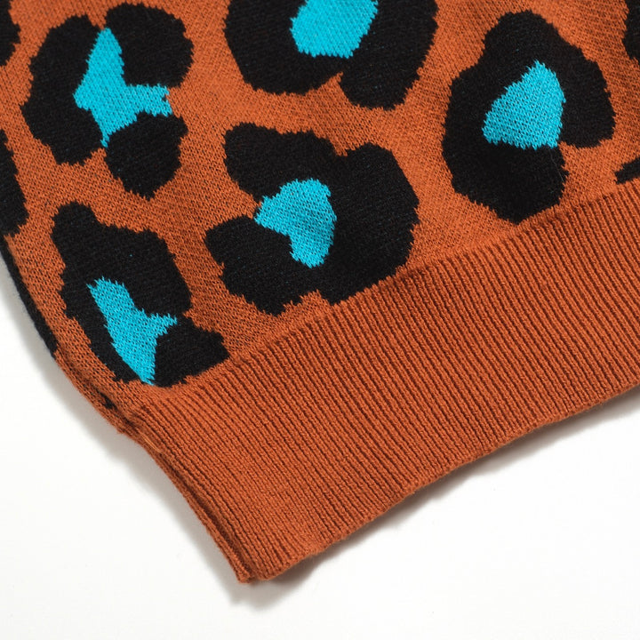 Men's orange leopard print vintage knit cardigan
