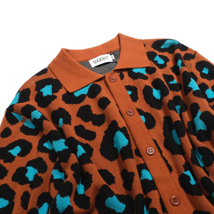 Men's orange leopard print vintage knit cardigan