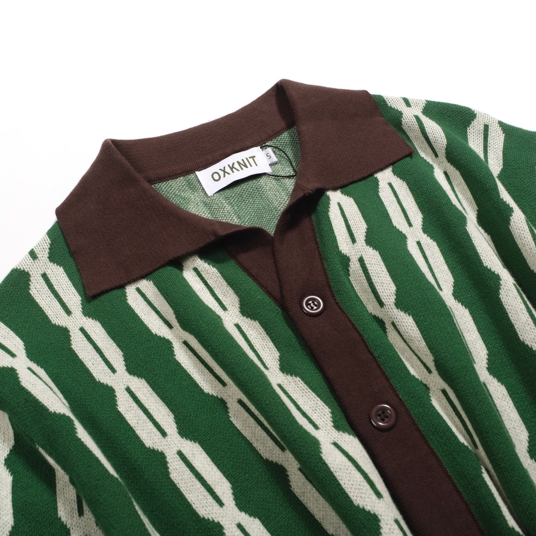 Men's green casual vintage jacquard cardigan