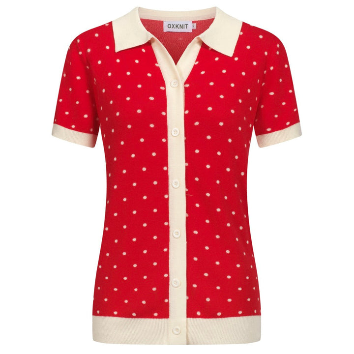 Kvinders røde polka dot jacquard strikket poloshirt