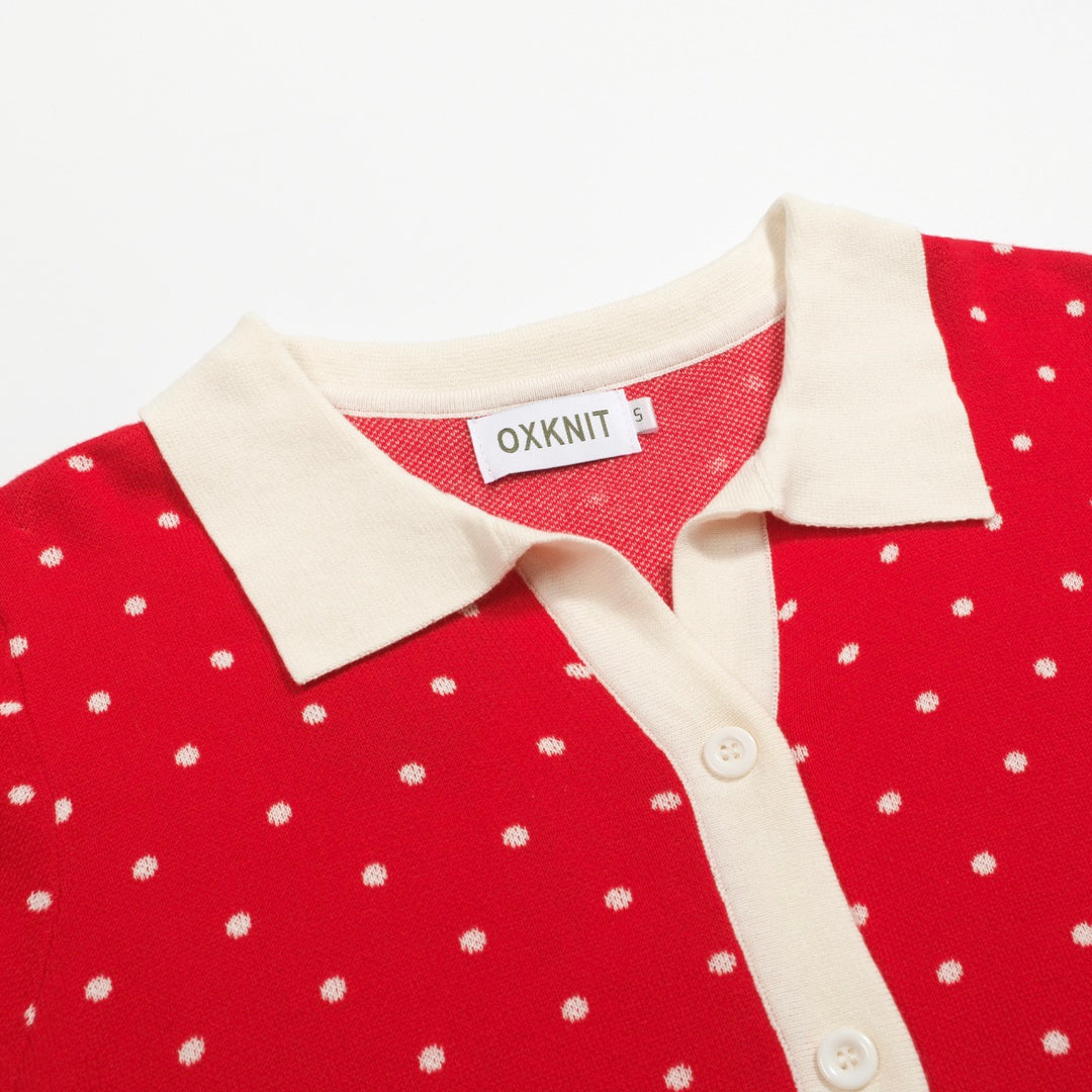 Kvinders røde polka dot jacquard strikket poloshirt