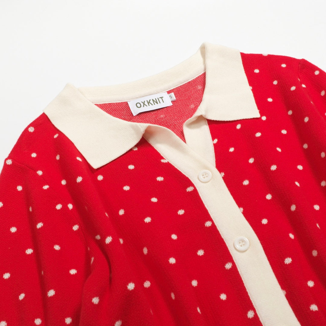 Kvinders røde polka dot jacquard strikket poloshirt