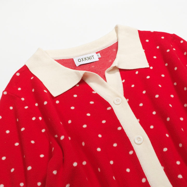 Kvinders røde polka dot jacquard strikket poloshirt