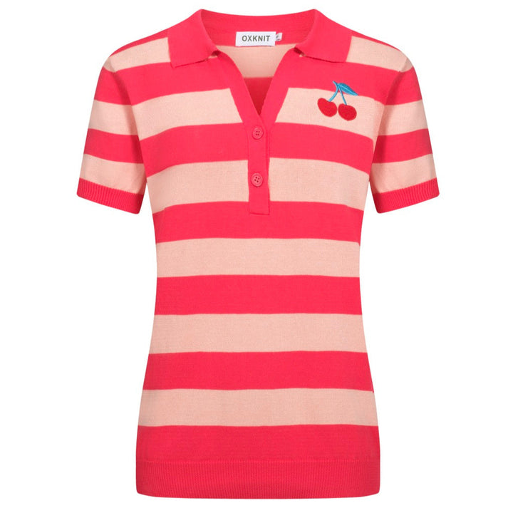 Women's pink striped jacquard knit polo shirt