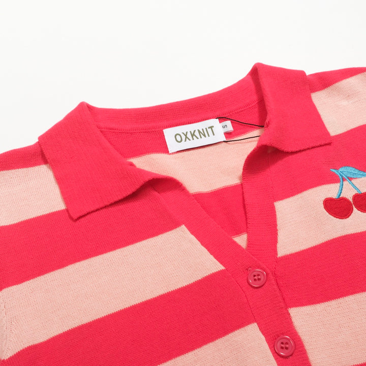 Women's pink striped jacquard knit polo shirt