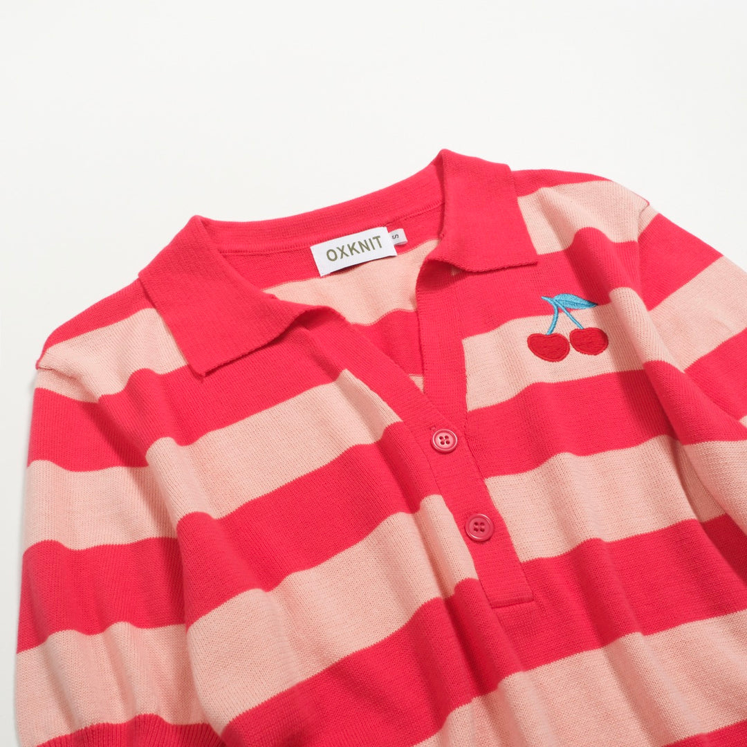 Women's pink striped jacquard knit polo shirt