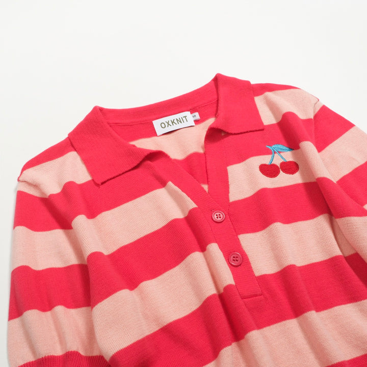 Women's pink striped jacquard knit polo shirt