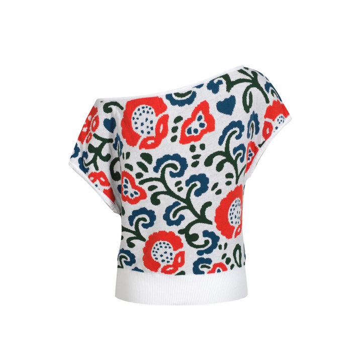 Jacquard Slope-Shoulder Knit T-shirt voor dames-Korte versiegrootte