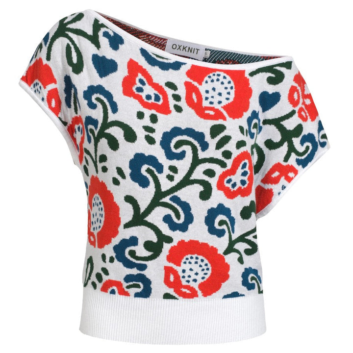 Jacquard Slope-Shoulder Knit T-shirt voor dames-Korte versiegrootte