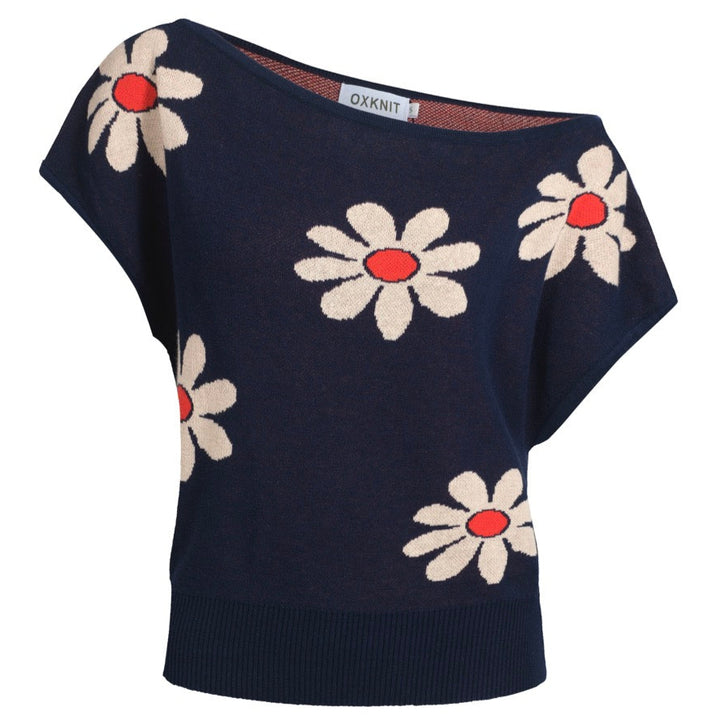 Women's Navy Knit T -shirt med diagonal axel - kort versionstorlek