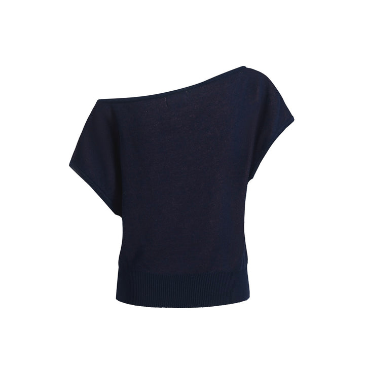 Women's Navy Knit T -shirt med diagonal axel - kort versionstorlek