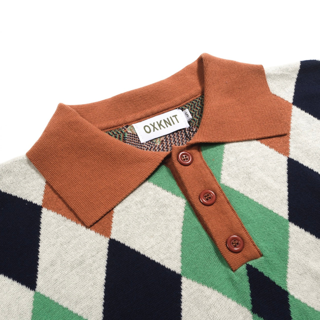Men's multi-colored vintage casual jacquard knit polo shirt