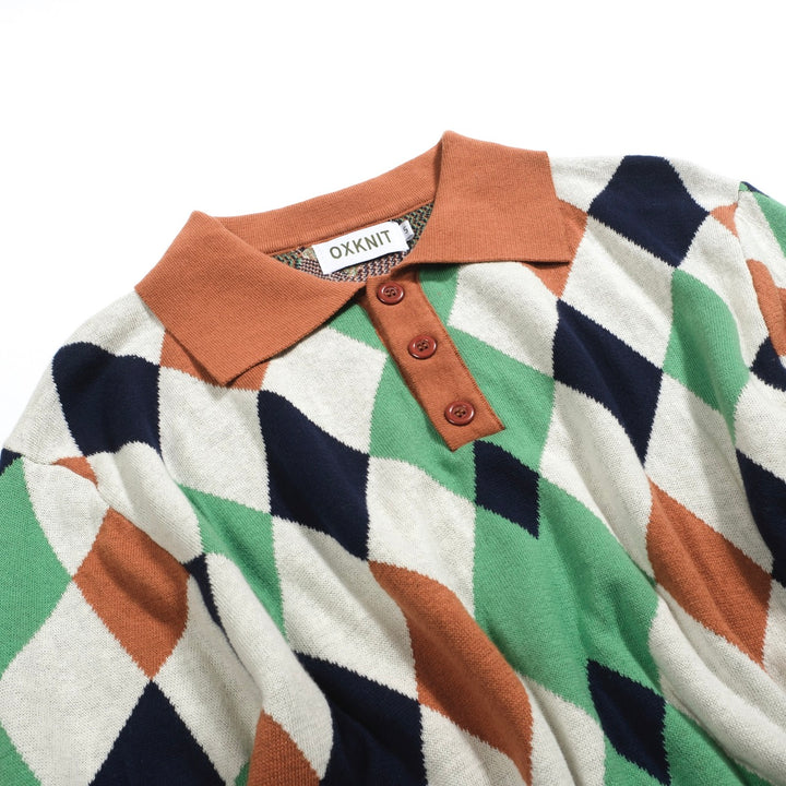 Men's multi-colored vintage casual jacquard knit polo shirt