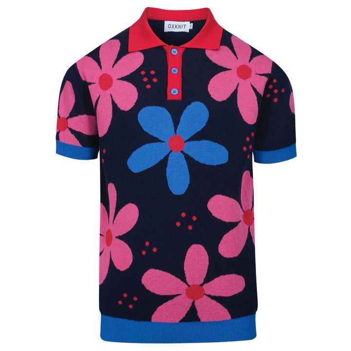 Men's navy blue vintage floral jacquard knit polo shirt