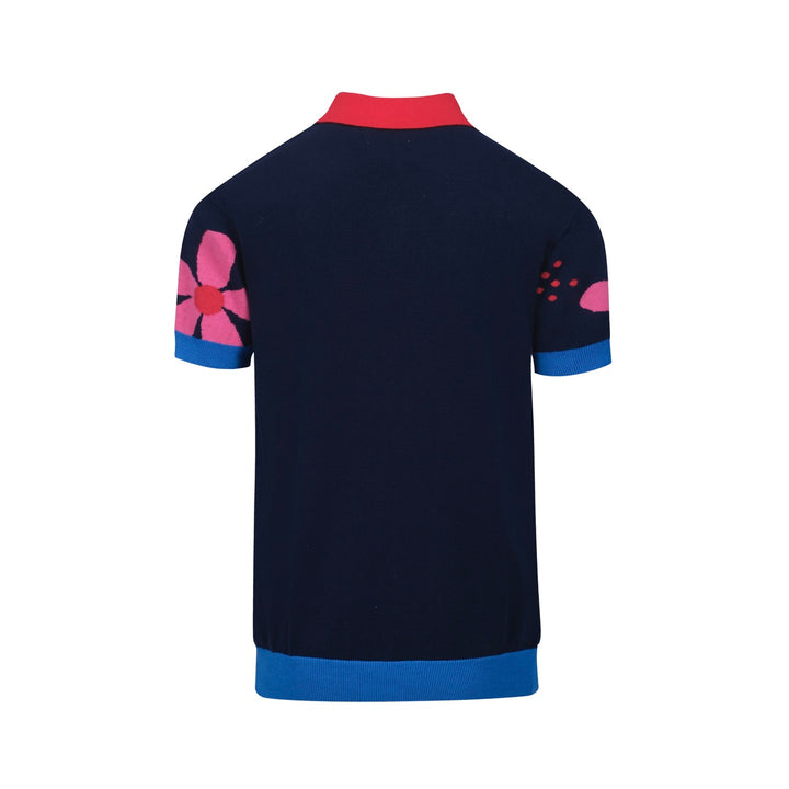 Men's navy blue vintage floral jacquard knit polo shirt