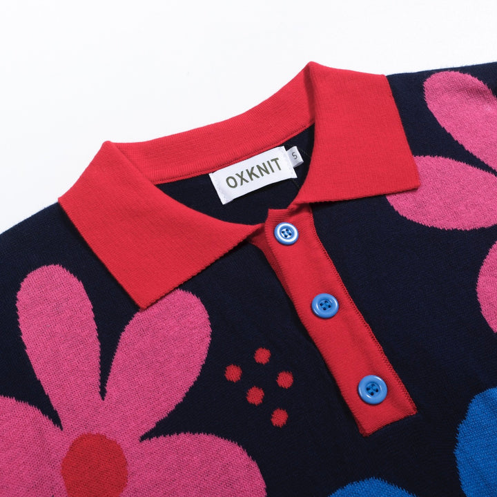 Men's navy blue vintage floral jacquard knit polo shirt