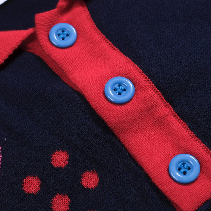 Men's navy blue vintage floral jacquard knit polo shirt