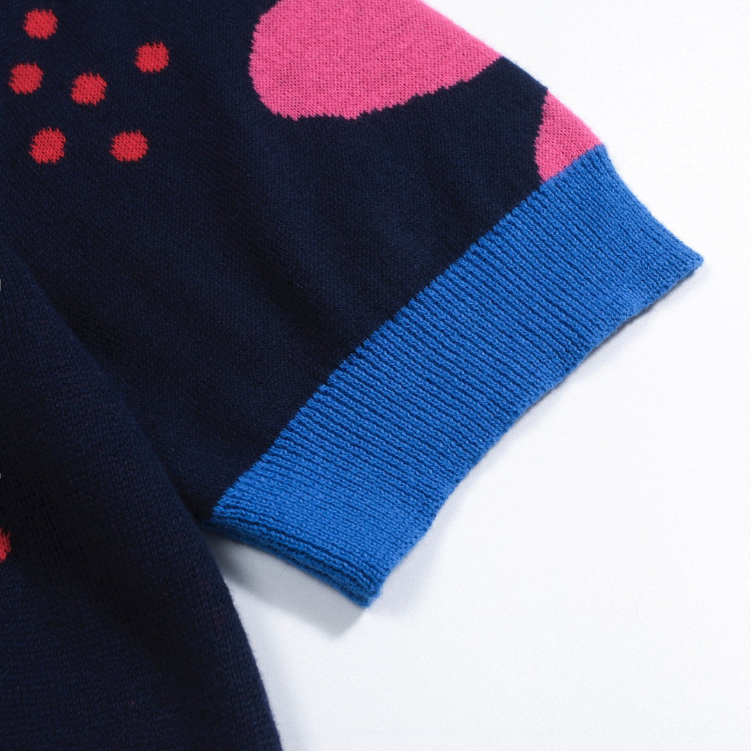 Men's navy blue vintage floral jacquard knit polo shirt