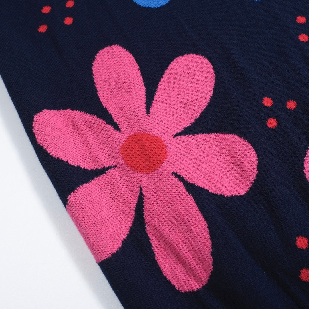 Men's navy blue vintage floral jacquard knit polo shirt