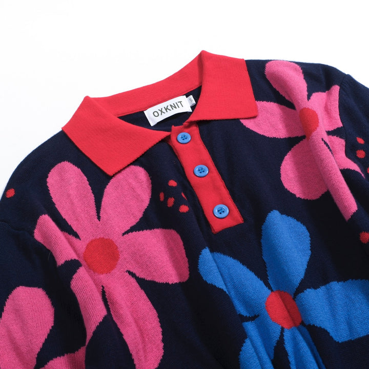 Men's navy blue vintage floral jacquard knit polo shirt