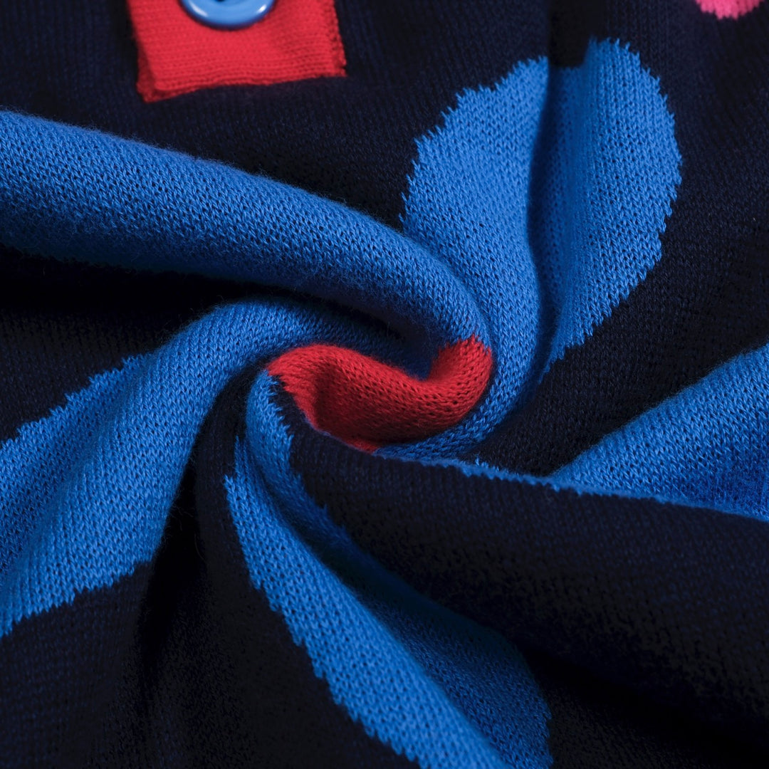 Men's navy blue vintage floral jacquard knit polo shirt