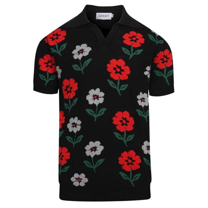 Men's black vintage V-neck floral knit polo shirt