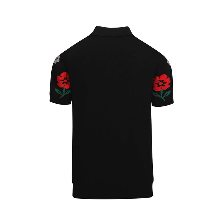 Men's black vintage V-neck floral knit polo shirt
