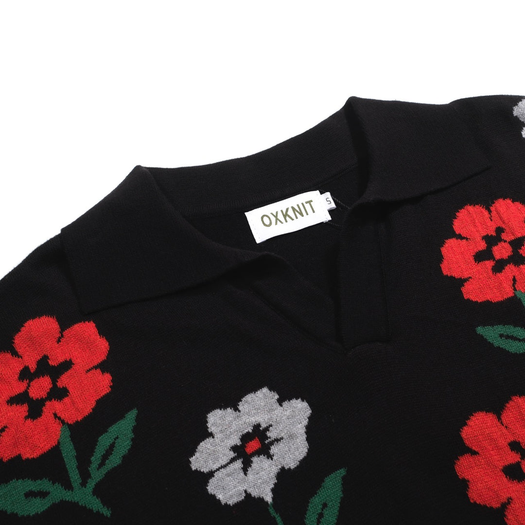 Men's black vintage V-neck floral knit polo shirt