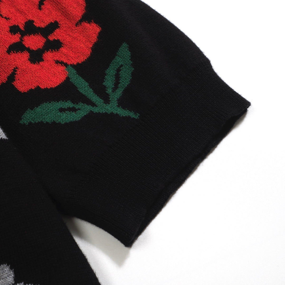 Men's black vintage V-neck floral knit polo shirt