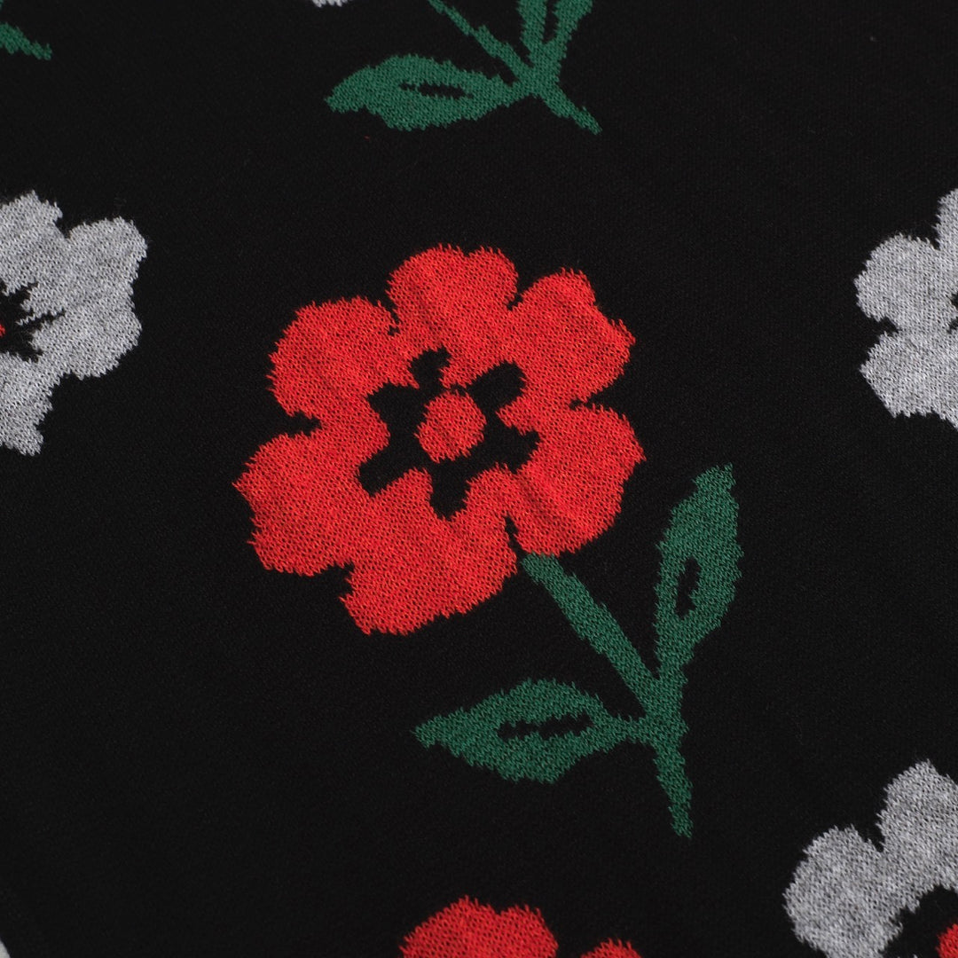 Men's black vintage V-neck floral knit polo shirt