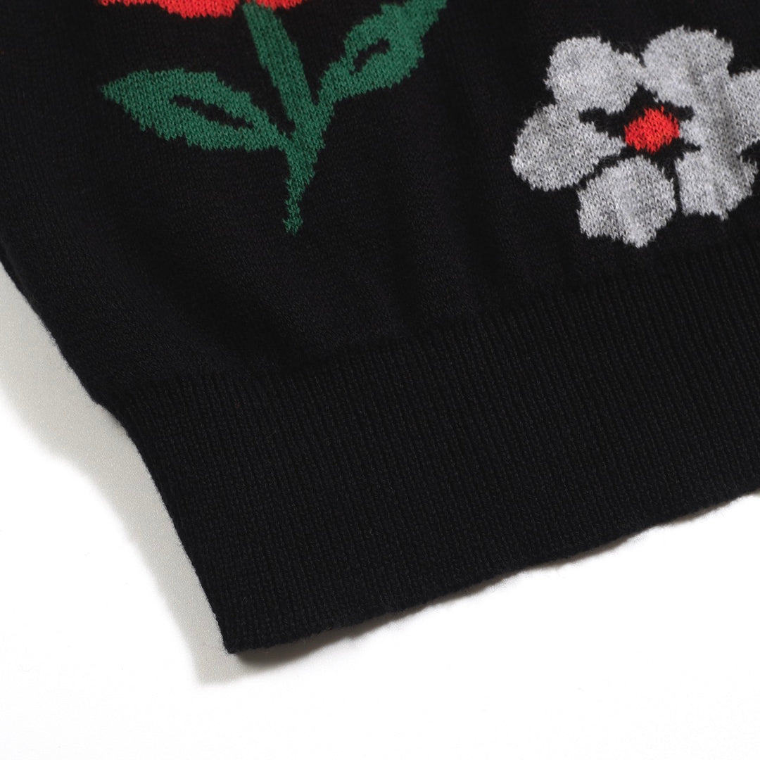 Men's black vintage V-neck floral knit polo shirt