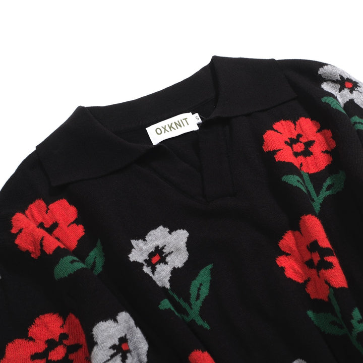 Men's black vintage V-neck floral knit polo shirt