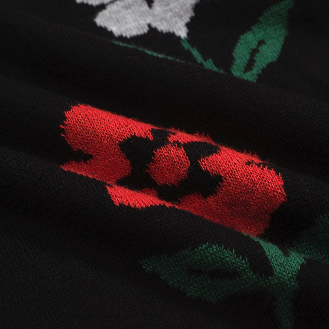 Men's black vintage V-neck floral knit polo shirt