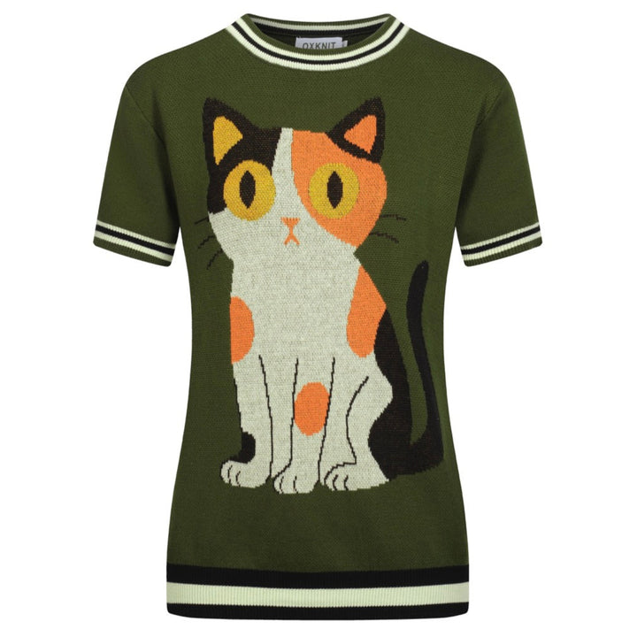 Green Cat Jacquard voor dames gebreide t-shirt