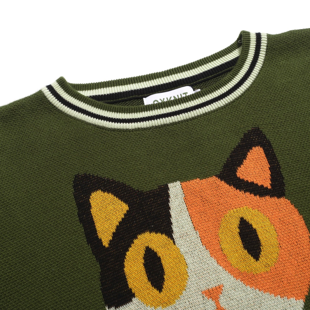 Green Cat Jacquard voor dames gebreide t-shirt