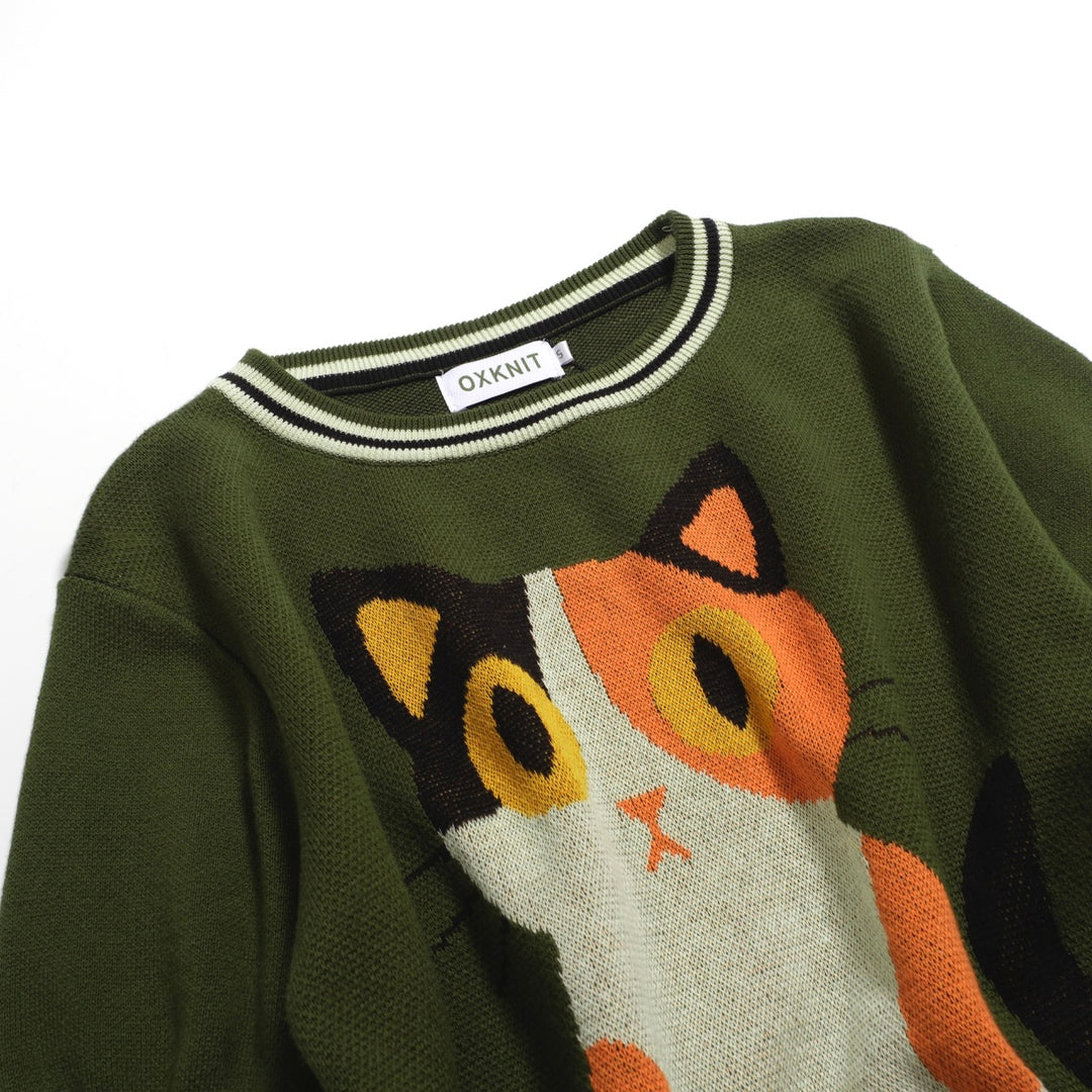 Green Cat Jacquard voor dames gebreide t-shirt