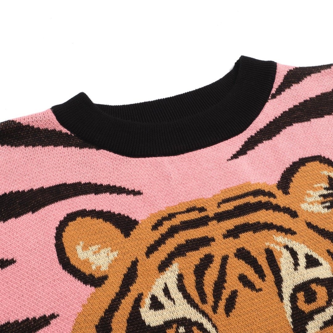 Women's pink zebra print tiger jacquard knitted T-shirt