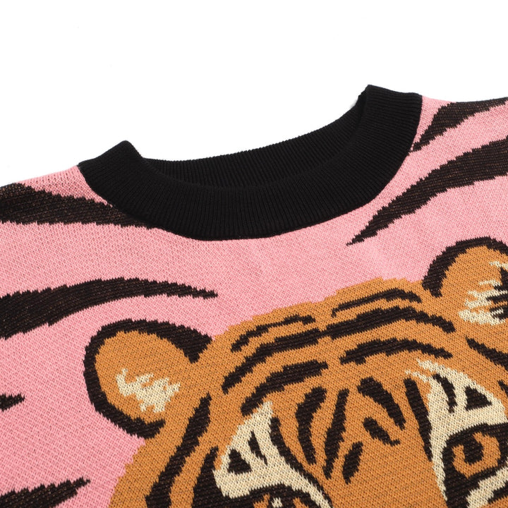 Women's pink zebra print tiger jacquard knitted T-shirt