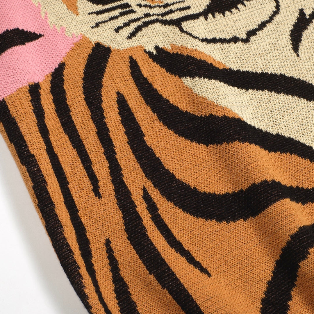 Women's pink zebra print tiger jacquard knitted T-shirt