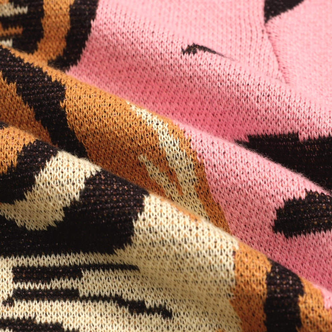 Women's pink zebra print tiger jacquard knitted T-shirt