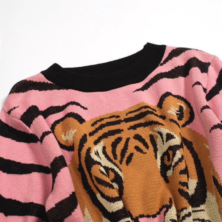 Women's pink zebra print tiger jacquard knitted T-shirt
