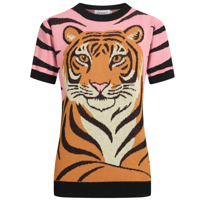 Women's pink zebra print tiger jacquard knitted T-shirt